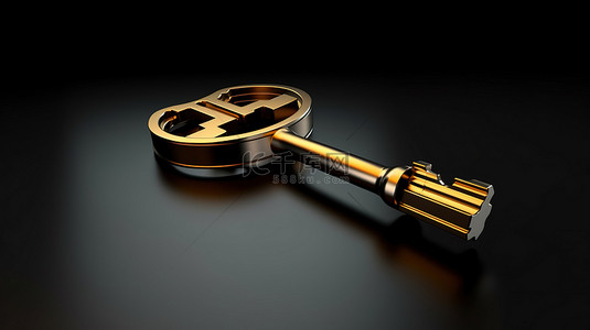 闪闪发光的黑色金属背景与品牌的金钥匙 3D 渲染