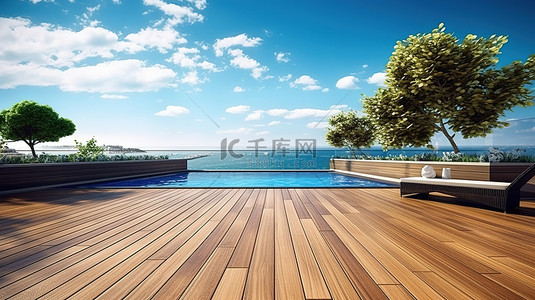3d夏季背景图片_木质露台和海景无边泳池的令人惊叹的 3D 插图