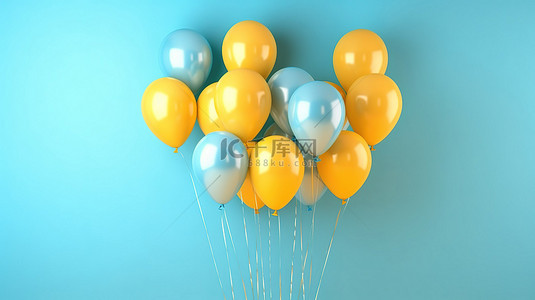 具体的背景图片_一簇蓝色气球靠在黄墙上美丽的 3D 渲染