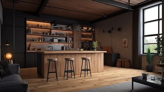 门地板背景图片_时尚的木质阁楼厨房，配有酒吧和靠近门的舒适沙发