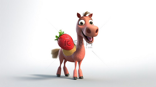快乐的 3d 马拿着多汁的草莓