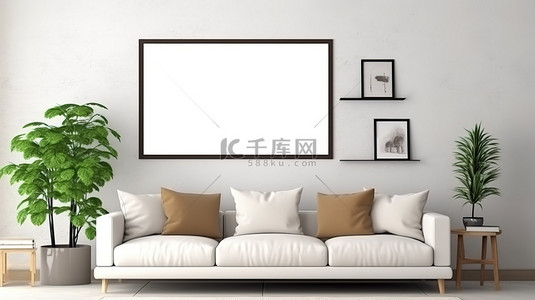 现代浅色客厅配有白色沙发和空白相框模型 3D 渲染