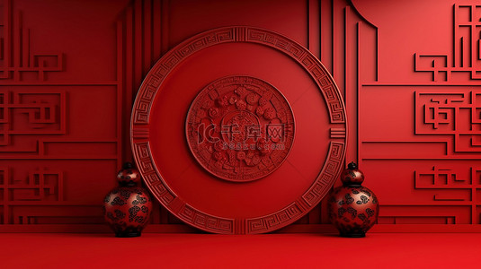 中式文化背景图片_用于产品展示的抽象红色中国背景的 3D 插图