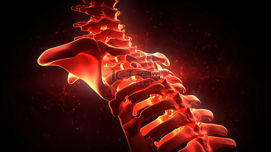 盆腔疼痛背景图片_3d 渲染的骨骼结构的插图，带有骨折的骨头和红光中突出的疼痛