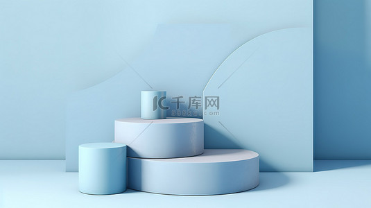 空灵的蓝色 3D 产品在讲台上展示平躺构图，背景中带有抽象步骤