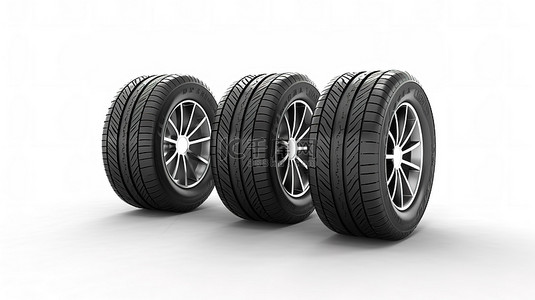 白色背景上五个独立汽车轮胎的 3d 渲染