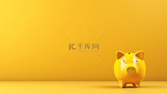金融背景黄色背景图片_省钱概念 3d 在黄色背景上呈现存钱罐，左侧有文本空间