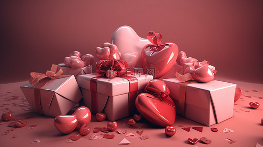 情人节 3d 渲染的礼物插画背景