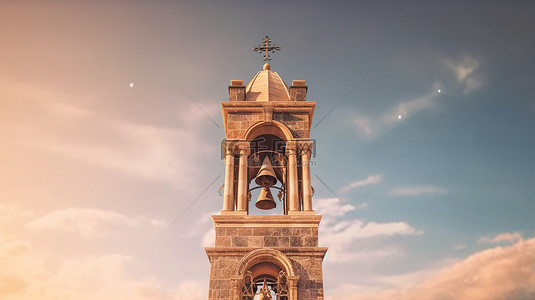 天主教堂高耸的钟尖的 3D 插图
