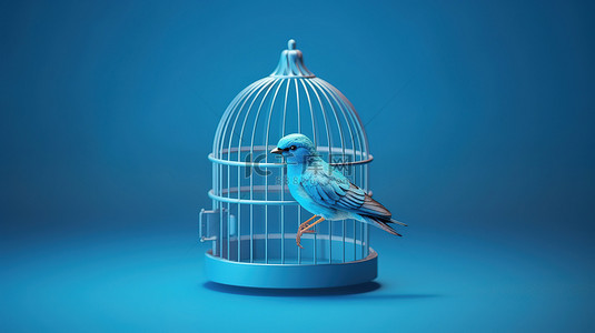 蓝色鸟笼极简主义社交媒体的创意 3D 渲染