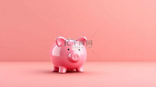 以 3D 渲染的粉色存钱罐，营造有趣且创意十足的省钱概念