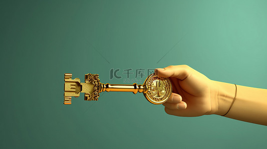 一只手握拳卡通背景图片_卡通手握着带有美元符号的金钥匙的 3D 插图