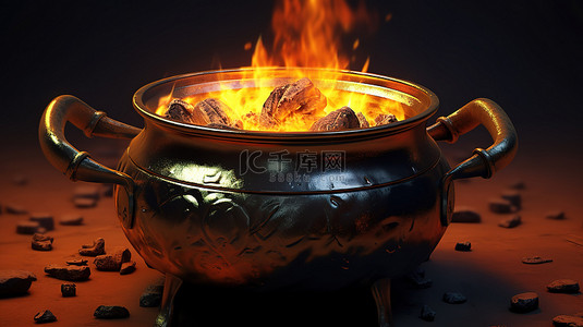 在 Dai 大锅上烹饪加密货币，火和味道的 3D 渲染插图