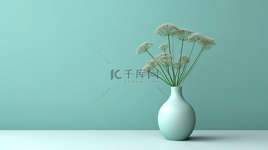 淡蓝色背景上单色绿色植物和花瓶的 3D 渲染