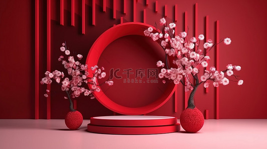 3D 渲染几何讲台，樱花和红色背景用于产品展示