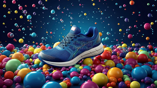 运动鞋和运动装备围绕着 3D 渲染的深蓝色背景上充满活力的球