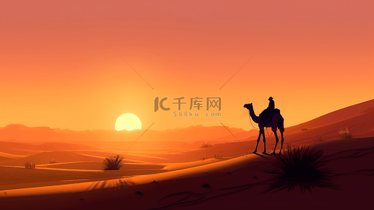 轮廓人背景图片_沙漠日落黄昏人骑着骆驼剪影背景