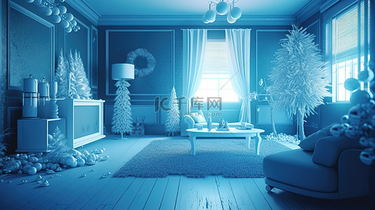 蓝色调的现代圣诞室内令人惊叹的 3D 渲染