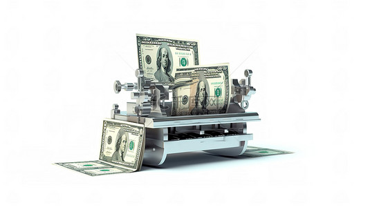 商业金钱背景图片_通过网站创收 3D 渲染的金钱机器，白色背景上有美元