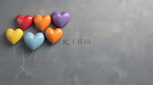 生日背景图片_3D 渲染水平横幅，灰色墙壁背景上有一堆充满活力的心形气球