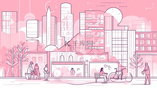 城市科技插画背景图片_高楼大厦行人城市装饰插画简单背景
