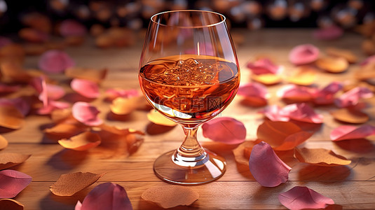 木板上带有玫瑰花瓣背景的玻璃杯中干邑的发光 3D 渲染