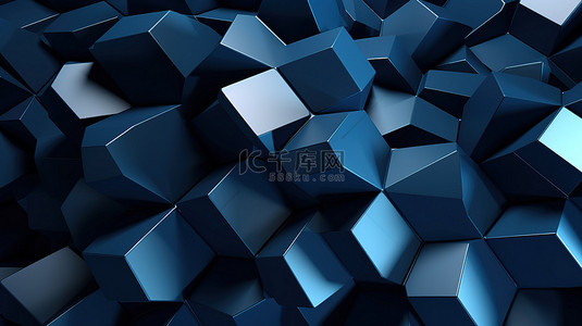 灰色纹理背景上蓝色多面体的抽象 3D 渲染插图