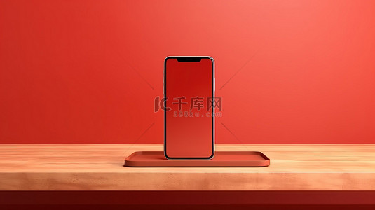 科技手红色背景图片_红色背景的 3D 渲染，右侧视图智能手机漂浮在空白屏幕的木制讲台上