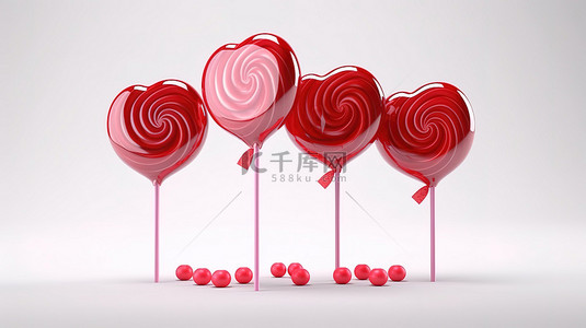 隔离爱背景图片_白色背景隔离 3D 渲染情人节心形棒棒糖糖果