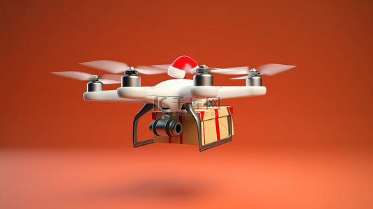 圣诞老人戴帽子的无人机送圣诞礼物的 3D 渲染