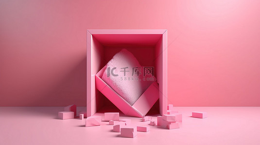 空白粉红色礼盒 3d 渲染打开，为商业设计展示充足的空间，并为横幅提供复制空间