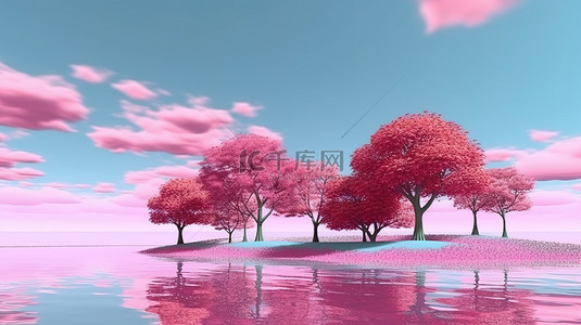 全景环绕背景图片_柔和的天空反射在平静的湖面上，周围环绕着充满活力的绿草和粉红色的树木 3d 渲染