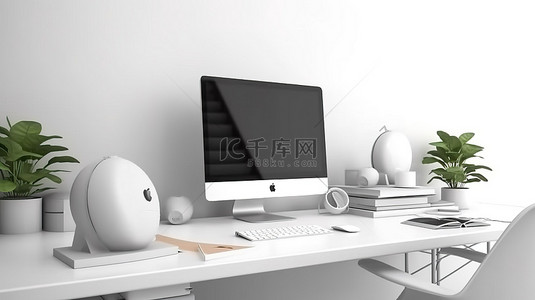 现代办公桌背景图片_时尚工作区的 3D 渲染，在白色桌子上配有现代办公桌和 PC 台式电脑