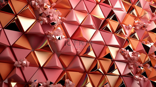 当代艺术背景图片_棕色粉色和金色三角形的 3d 马赛克当代艺术概念