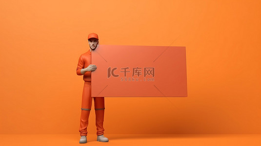 充满活力的橙色送货代理的 3D 渲染，用横幅宣传包裹运输