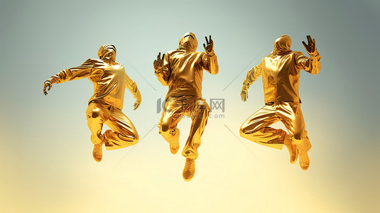 五四跳跃任务背景图片_三名男子在行动，跳跃的 3D 渲染插图