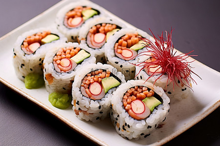 白盘背景图片_白盘上的寿司，配米生菜胡萝卜黄瓜和姜