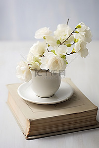古书典籍背景图片_一个白色的杯子，上面有鲜花，旁边坐着一本古书