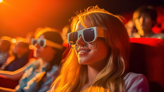卡通时间背景图片_一群朋友，包括一个戴着 3D 眼镜的少女在电影院休息