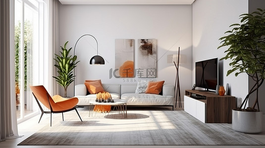 侧边悬浮导航栏背景图片_3D 渲染欢快的公寓内部，配有侧边扶手椅和客厅的装饰口音