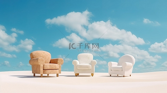 沙滩上各种尺寸的户外椅子，上面有蓬松的云彩，暑假氛围十足