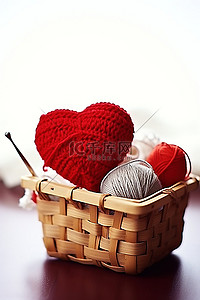 针织手工背景图片_用红心钩针纱线和织针手工制作的篮子