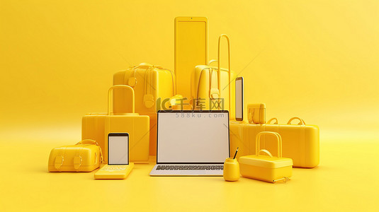 用于在多个设备上在线购物的响应式设计的黄色 3D 渲染概念