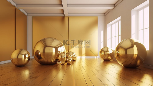 展台几何空间背景图片_3d 渲染中带有金色球体的简约房间