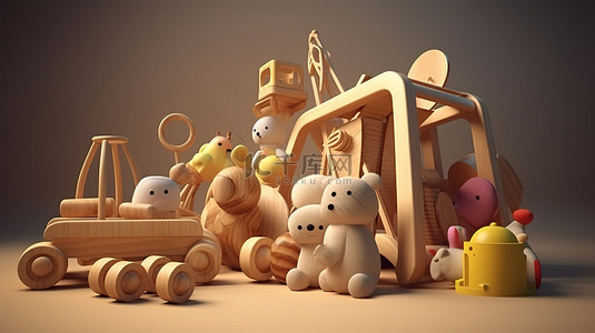 木制儿童玩具 3D 渲染资产插图