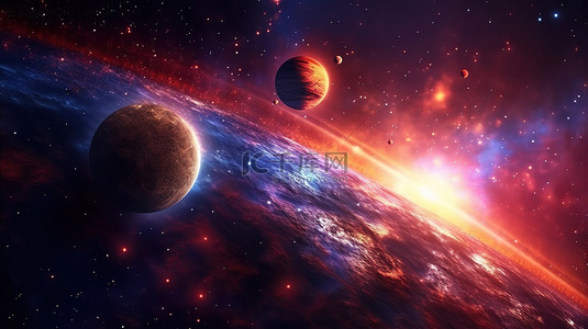 银河卡通背景背景图片_星空行星景观与 3d 渲染的星系背景