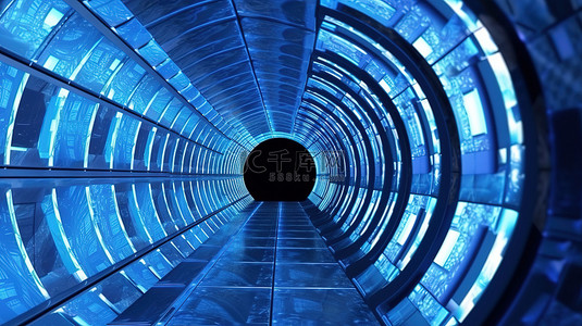 带蓝色照明面板的圆形几何走廊的辐射 3D 设计