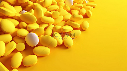 黄药丸背景图片_在匹配的黄色表面上关闭一堆黄色药片的 3D 插图