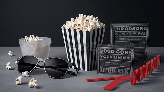 观看电影背景图片_灰色背景下的场记板门票 3D 眼镜和爆米花桶的顶视图