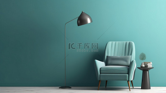 时尚家居家具背景图片_豪华 3D 房间渲染与空墙蓝色扶手椅和时尚的吊灯